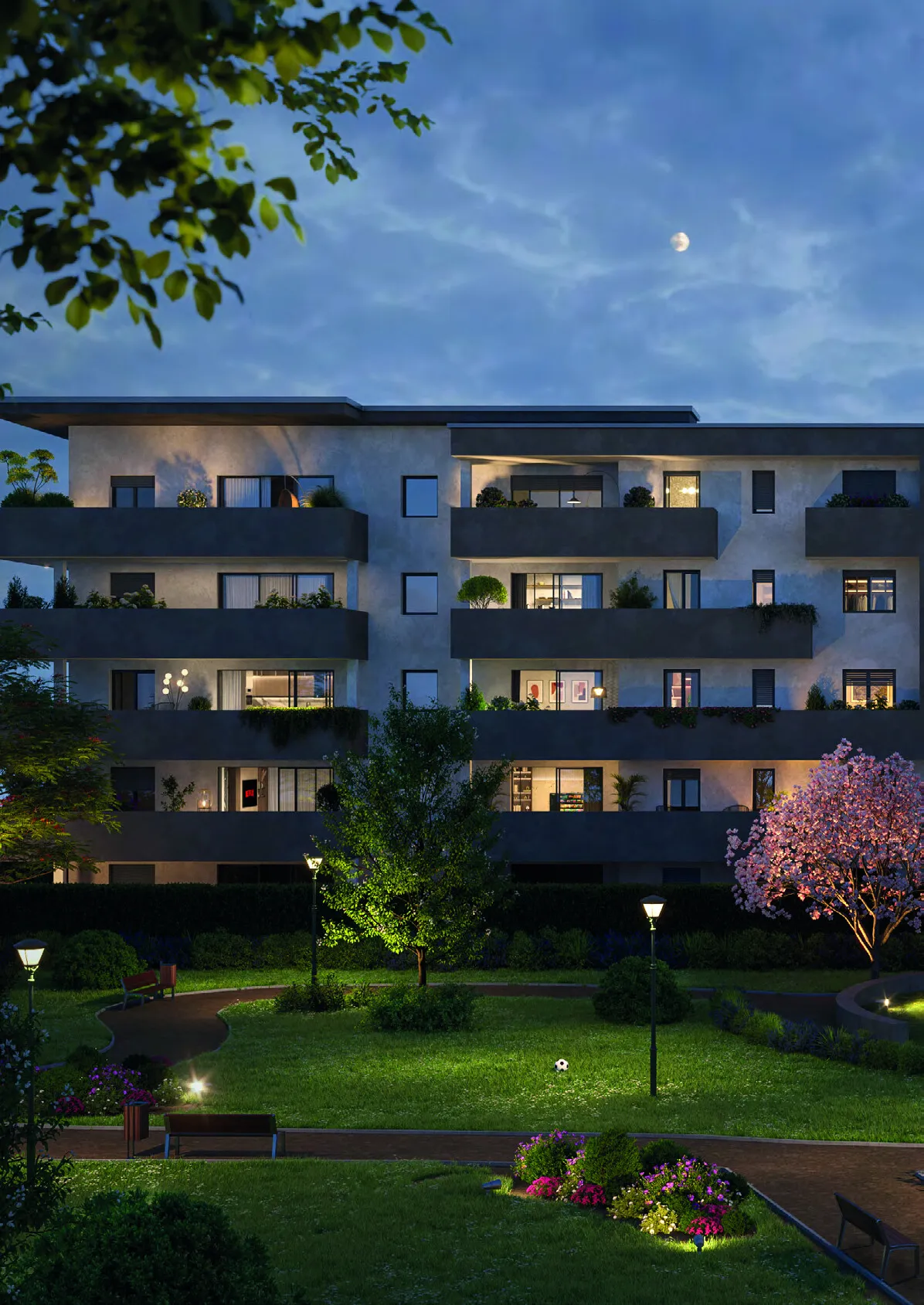 Render notturno di Horizon visto dal giardino