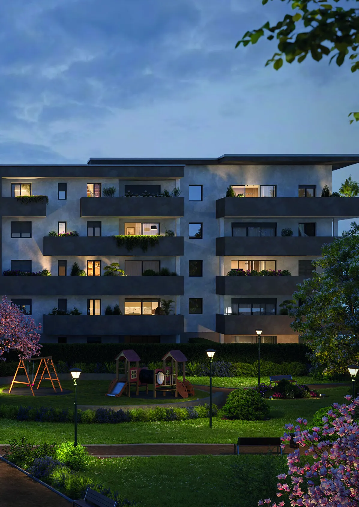 Render di Horizon al tramonto, lato giardini