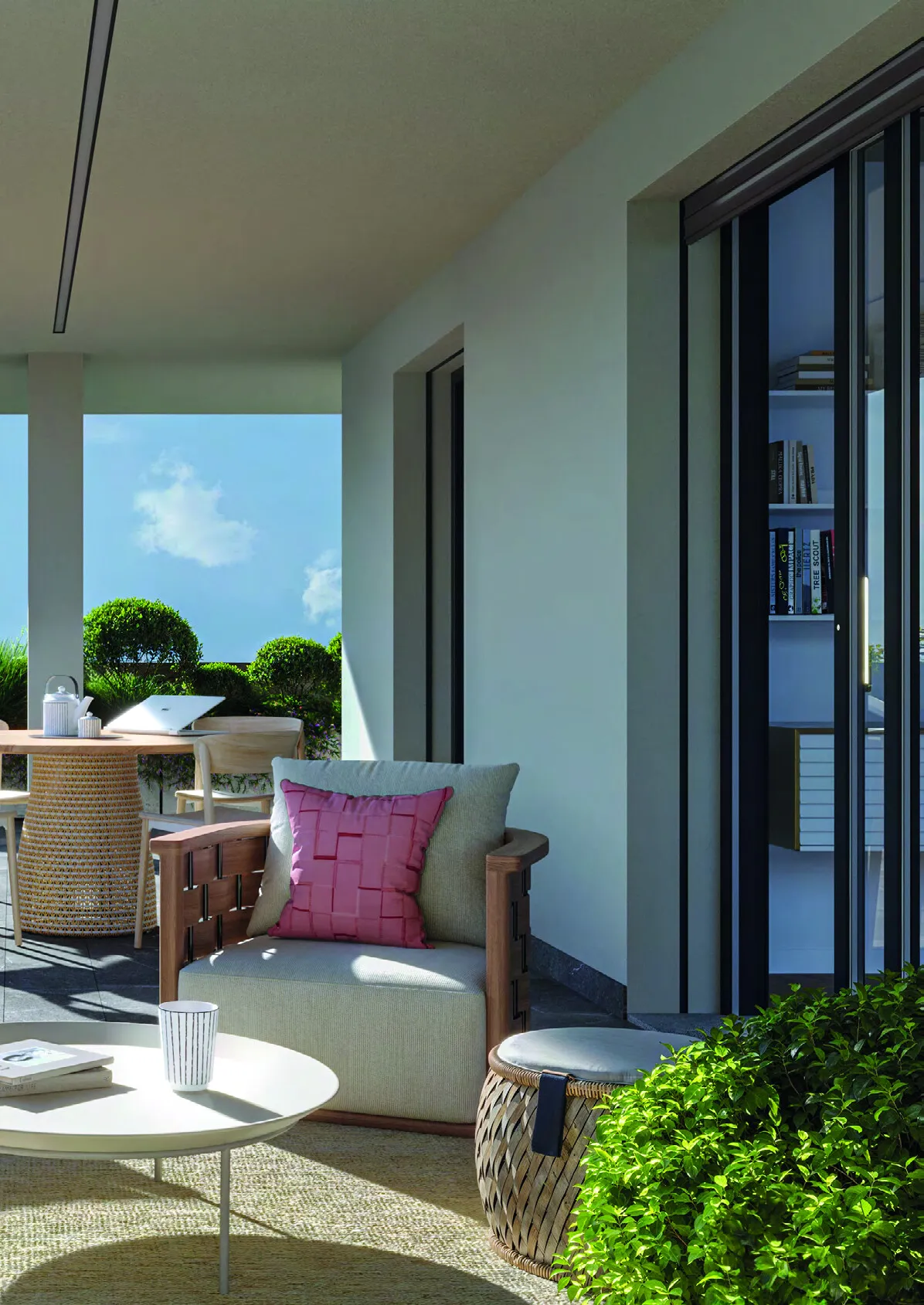 Render di una loggia arredata ai piani superiori